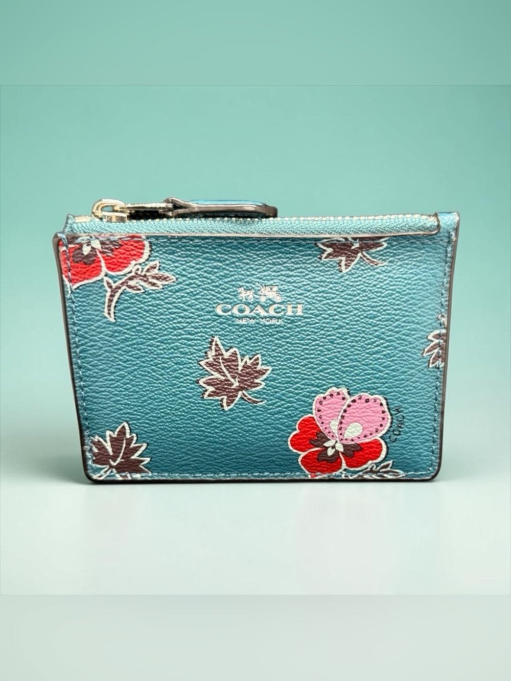 🤎COACH🤎Mini Skinny ID Case in Dark Teal Wildflower Print w/Keychain/NWOT - Picture 3 of 7
